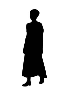 Beyaz arka planda yürüyen orta yaşlı bir kadının ön taraftaki silueti