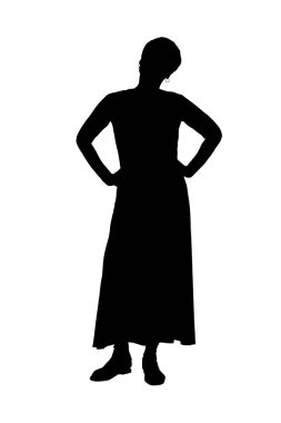 middle aged woman with arms akimbo on white background
