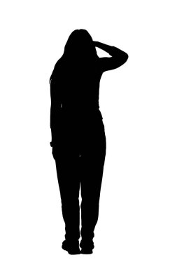  silhouette of  back view of standing woman look away with hand on forehead on white background