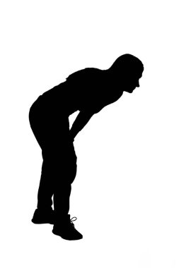 side view of a silhouette woman crouching and looking away on white background