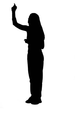 side view of a silhouette woman drawing or writing imaginatively downwards on white background. 