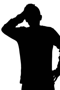 silhouette of a man with expression of forgetfulness or surprise on white background