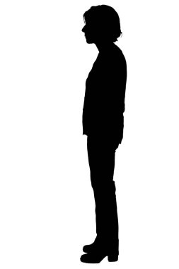  Beyaz arka planda duran bir kadının yan görünüşü.