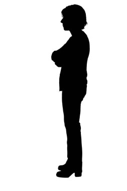  silhouette of side view of a  woman standing and arms crossed on white background