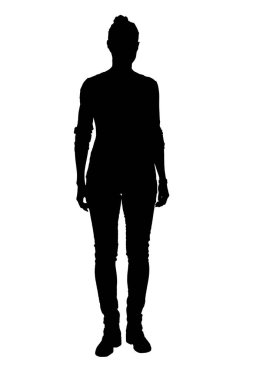 silhouette; of front view of a woman standing on white background