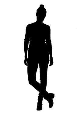 Ayakta duran ve beyaz arka planda bacak bacak üstüne atmış bir kadının silueti.