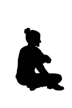 Beyaz arka planda yerde oturan bir kadının yan görünüşünün silüeti.