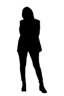 silhouette of front view of a woman standing looking at camera on white background