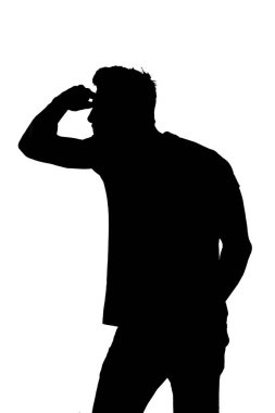 silhouette of a man with hand in forehead looking away on white background