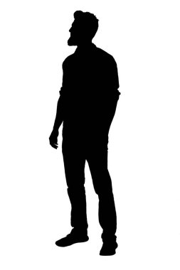 silhouette of side view of a man standing looking away on white background