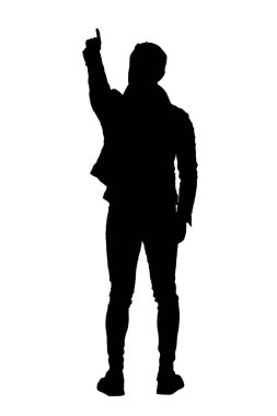 Beyaz arkaplanı işaret eden havalı bir adamın arka planının silüeti.