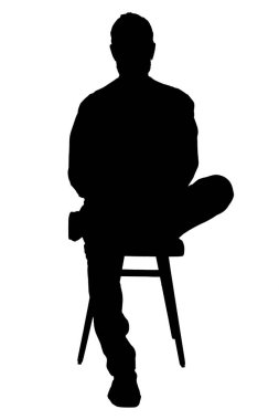Beyaz arka planda çapraz bacaklı, sandalyede oturan bir adamın silüeti.