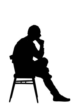 Sandalyede oturan bir adamın silüeti. Eli çenesinde beyaz arka planda.