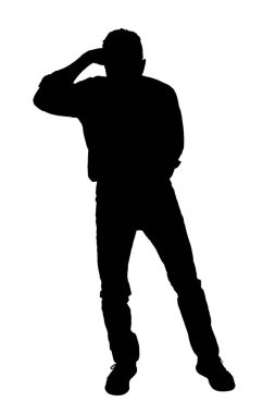 silhouette of a  man with hand in front looking far on white background