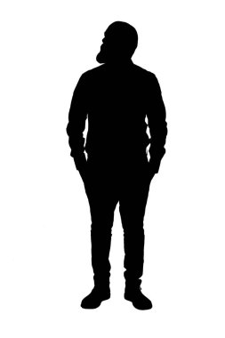 Ayakta duran bir adamın silueti, elleri ceplerinde beyaz arka plana bakıyor.,