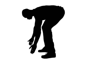  silhouette of   side view of a man lifting something imaginary, large or heavy from the ground on white background