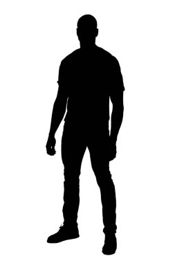  silhouette of  front view of a man standing looking at camera on white background 