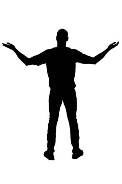  silhouette of  back view of a man standing with arms outstretched on white background