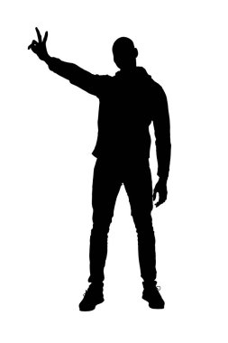  silhouette of  man showing victory sign with fingers and looking at camera on white background