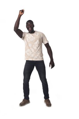 happy man with fist up on white background on white background