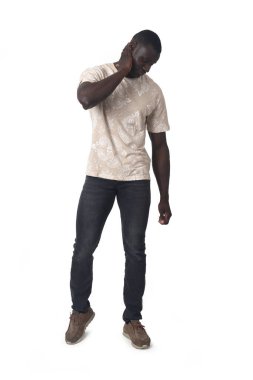 man standing with pain in the neck on white background