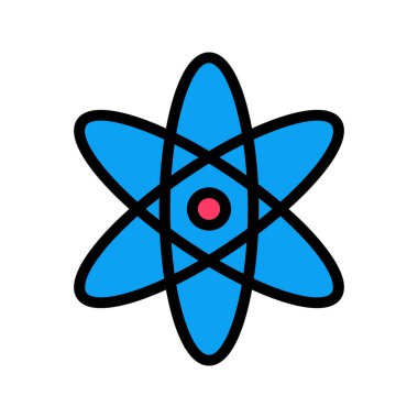 Atom 'un görsel vektör grafik simgesi. Dolu Satır Biçimi Simgesi. Eğitim Temalı Simge. Beyaz arkaplanda vektör çizimi izole edildi. Web sitesi veya uygulama tasarımı için mükemmel.