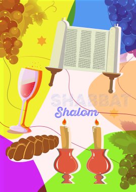 Şabat Shalom3. Challah ekmeği, şabat şarabı ve ahşap masada mumlar, torah