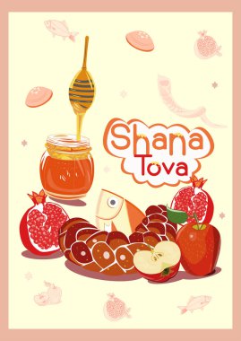 Honey, apples and pomegranates on a wooden background. Happy Rosh Hashanah. Traditional symbols of the Jewish holiday New Year.