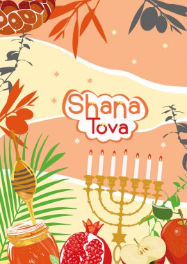 Kartpostal Rosh Hashanah, Yahudi Yeni Yılı. Nar ve elmanın vektör çizimi, Shofar. Yahudiliğin sembolü.