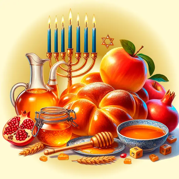 stock vector : stylized image with traditional Rosh Hashanah food, in warm golden colors for design