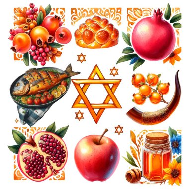 Rosh Hashanah bayramı için AdobA geleneksel ürünler seti. Sosyal ağları tebrik etmek için kare format. - Evet. Balık, nar, elma, challah, bal, shafar, yıldız ve illüstratör