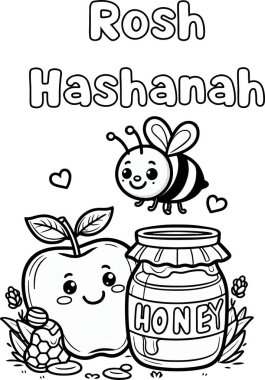 Rosh Hashanah is a Jewish holiday. Holiday symbols, bee, apple, honey. Black and white linear vector illustration. Coloring pages for children.