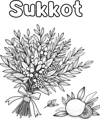 Bir Sukkah boyama sayfası oluşturuluyor. Tatil sembolleri, etrog, lulav, mersin, söğüt. Siyah-beyaz doğrusal vektör çizimi. Çocuklar için boyama sayfaları.