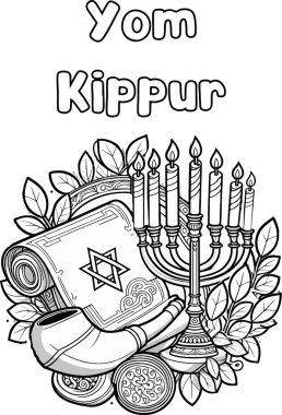 Bir Yom Kippur boyama sayfası oluşturuluyor. Bayramın sembolleri: Şafar, parşömen, menorah. Siyah-beyaz doğrusal vektör çizimi. Çocuklar için boyama sayfaları.