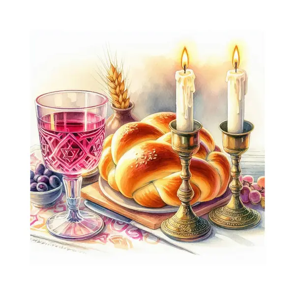 stock vector Shabbat, two candles, challah, glass of grape juice - watercoloror Artwork