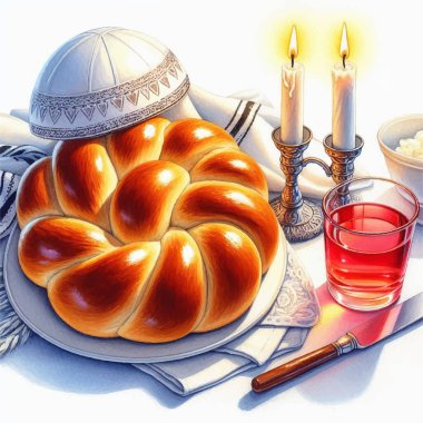 Şabat, iki mum, challah, bir bardak üzüm suyu, beyaz bir zemin - suluboya veya akvaryum .3