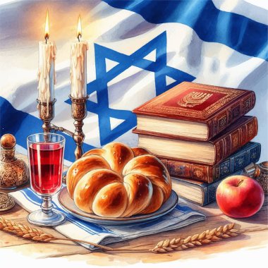 Shabbat, two candles, challah, a glass of grape juice, on the background of the Israel flag - watercolor or aquarelle.2 clipart