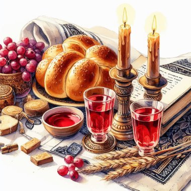 Şabat, iki mum, challah, iki bardak üzüm suyu, beyaz arka planda - suluboya ya da akvaryum.