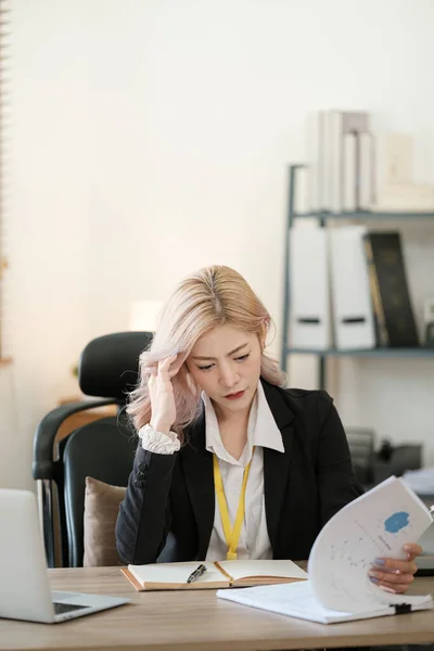 stock image Close up on laptop in office, Asian happy beautiful businesswoman in formal suit work in workplace. Attractive female employee office worker smile. High quality photo