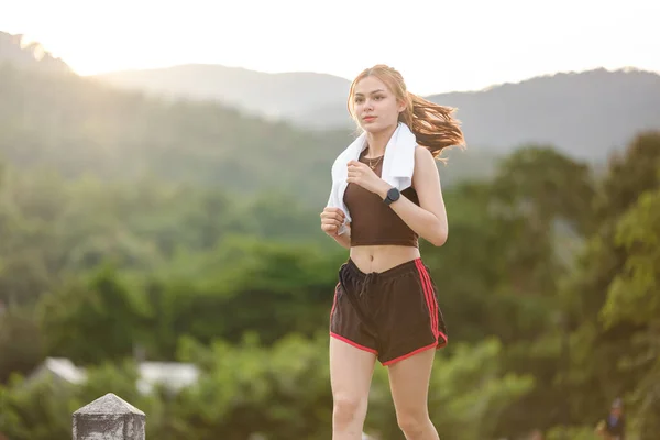 Healthy Asian Woman Jogging Running Outdoor Sport Girl Running Female — Stock Photo, Image