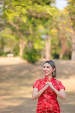 Geleneksel kültür için yeni ay döneminde Çin Budist tapınağını ziyaret ederken elinde fener tutan kırmızı Cheongsam Qipao giysili Asyalı kadın. Yüksek kalite fotoğraf