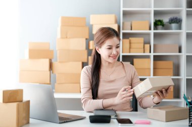 Girişim KOBİ küçük işletme girişimcisi önlük giyen Asyalı kadın dizüstü bilgisayar ve kutu kullanarak çevrimiçi müşterilere, çevrimiçi sme iş fikirlerine satış hazırlamak için siparişleri alır ve gözden geçirir