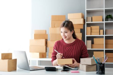 Girişim KOBİ küçük işletme girişimcisi önlük giyen Asyalı kadın dizüstü bilgisayar ve kutu kullanarak çevrimiçi müşterilere, çevrimiçi sme iş fikirlerine satış hazırlamak için siparişleri alır ve gözden geçirir