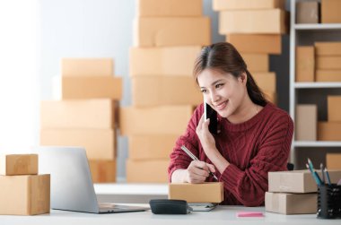 Girişim KOBİ küçük işletme girişimcisi önlük giyen Asyalı kadın dizüstü bilgisayar ve kutu kullanarak çevrimiçi müşterilere, çevrimiçi sme iş fikirlerine satış hazırlamak için siparişleri alır ve gözden geçirir