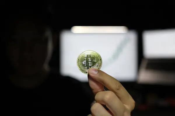 Crypto money bitcoin background. Crypto hacker hand hold golden BTC bit coin. Digital money, stock market concept. High quality photo