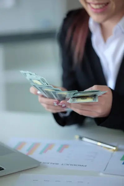 Close Up business woman Asian businesswoman financial bookkeeper girl in an office entrepreneur counting money cash count salary profit finance jackpot earn investment budget dollars banknotes. High