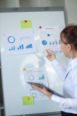 İş kadını grafiğe işaret ediyor, ofiste bir sunum yapıyor. Yüksek kalite fotoğraf