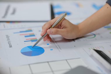 Bir insan bir grafiğe kalemle yazı yazıyor. Grafik mavi ve bir pasta grafiği var. Grafiğe yazmak için gümüş kalem kullanıyor.