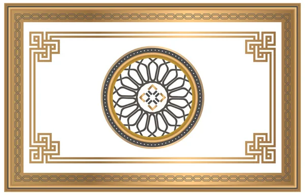 Stretch ceiling decoration model. Shiny golden yellow decorative 3d frame, traditional round ornament motif in the middle. It can be used for wallpaper and ceiling decoration. Gold ornament.
