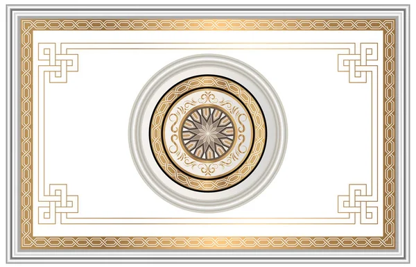 Luxury stretch ceiling decoration image. Silver gray and Shiny golden yellow decorative 3d frame, white round embossed decorative ornament in the middle.